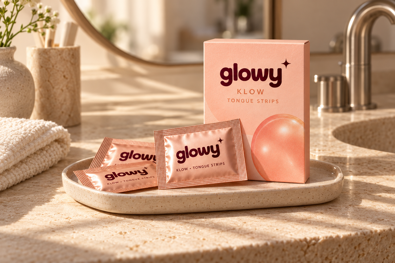 Glowy KLOW box and sachets on a sunlit bathroom counter