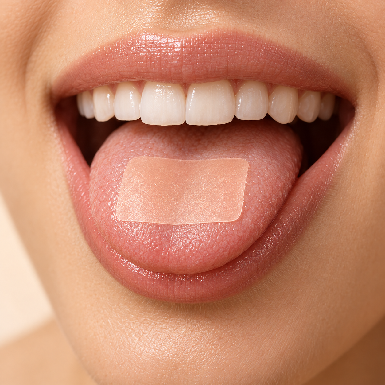 A person placing a translucent KLOW strip on their tongue